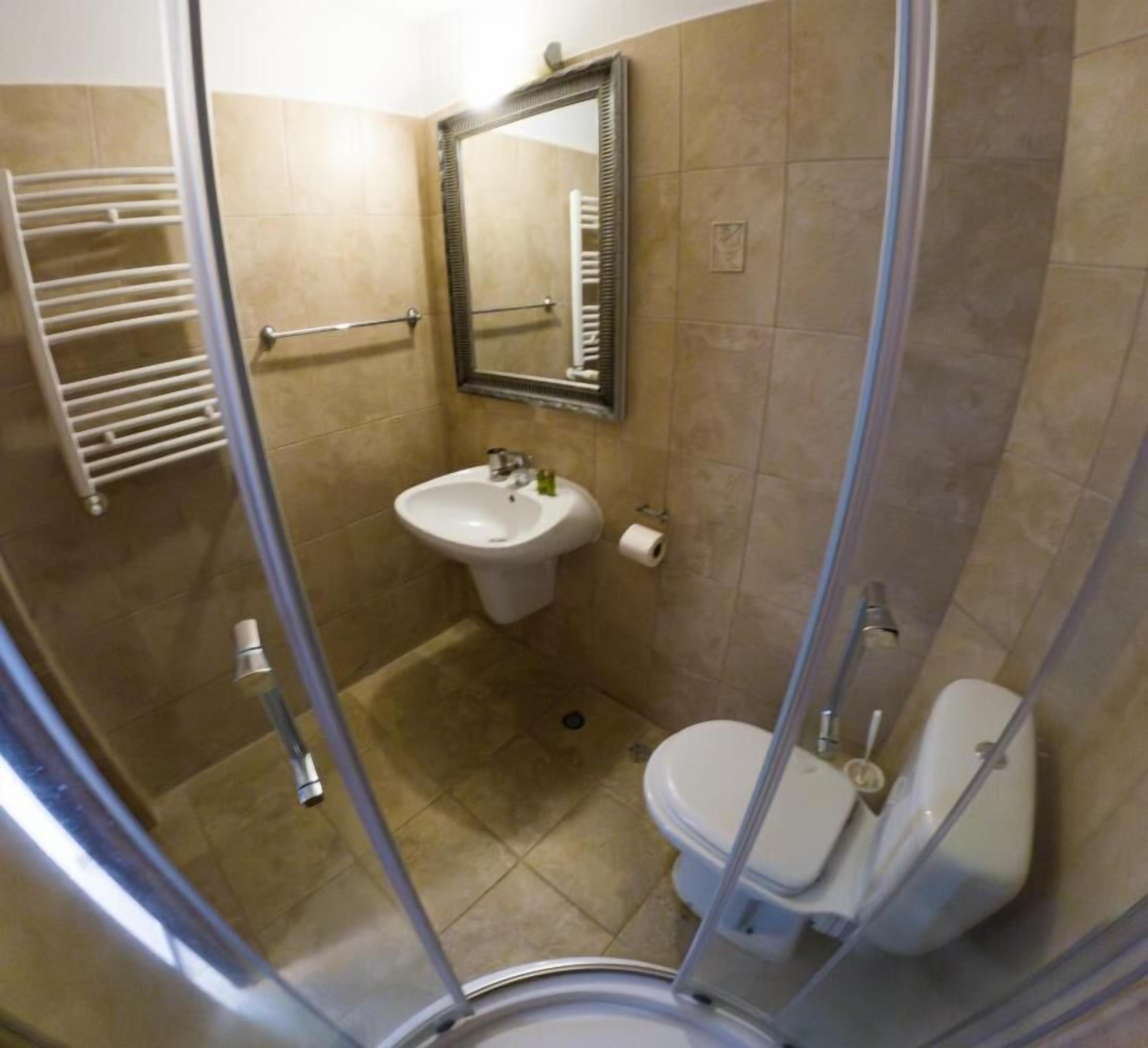 Une petite salle de bain comprenant un lavabo, des toilettes et une douche.