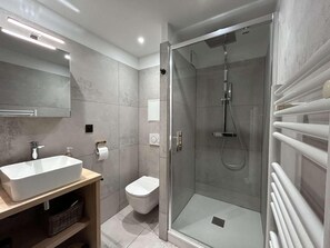 A modern bathroom with a glass-enclosed shower, a white sink, and a toilet.