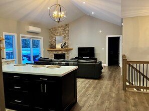 Smart TV, fireplace, video games, DVD player