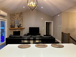 Smart TV, fireplace, video games, DVD player