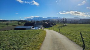 Ländliche Landschaft mit einem befestigten Weg, Häusern und Bergen im Hintergrund.