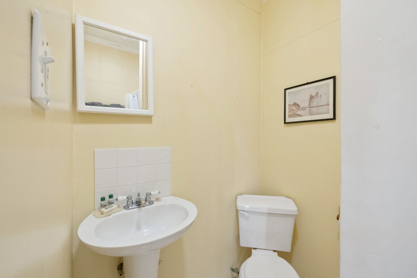 A bathroom with a white sink, a toilet, a mirror, and a framed picture on the wall.