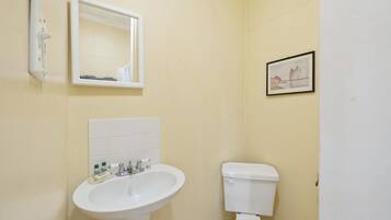 A bathroom with a white sink, a toilet, a mirror, and a framed picture on the wall.