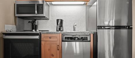 Fridge, microwave, oven, dishwasher