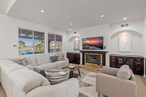 Smart TV, fireplace, video games, table football