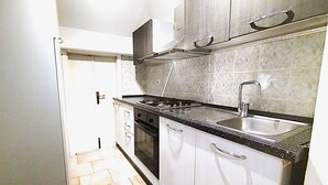 A compact kitchen with a stove, sink, and cabinets. - HH Monferrato (Alessandria)