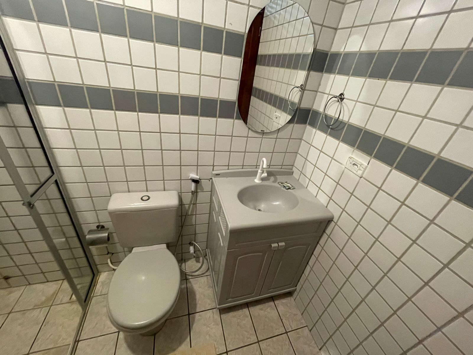 Une salle de bain équipée de toilettes, d’un lavabo et d’un miroir.