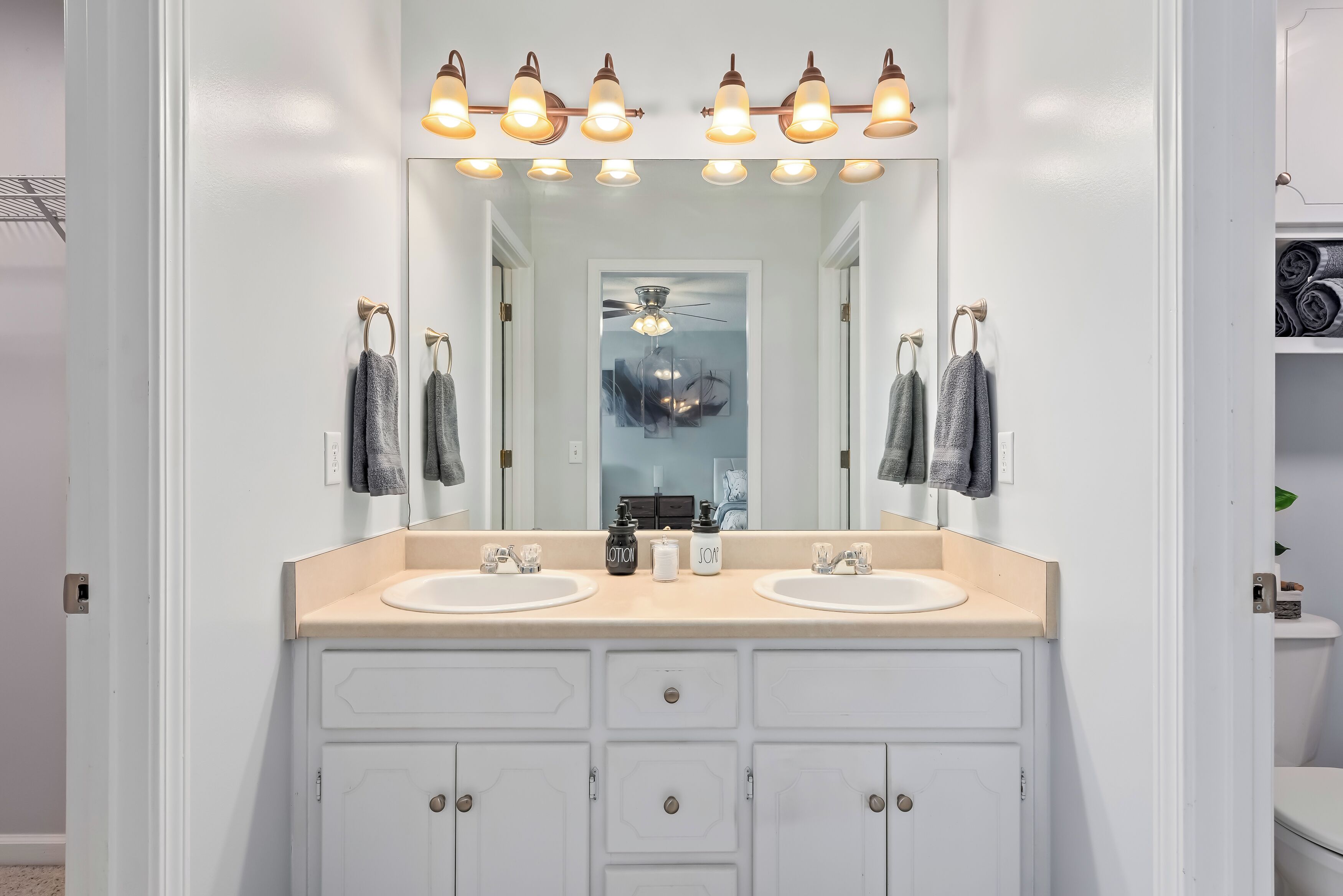 Hair dryer, towels, soap, toilet paper