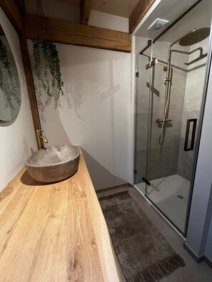 A bathroom with a wooden vanity, a glass shower enclosure, and a hanging plant. - Oak Chalet In Zutendaal (Zutendaal)