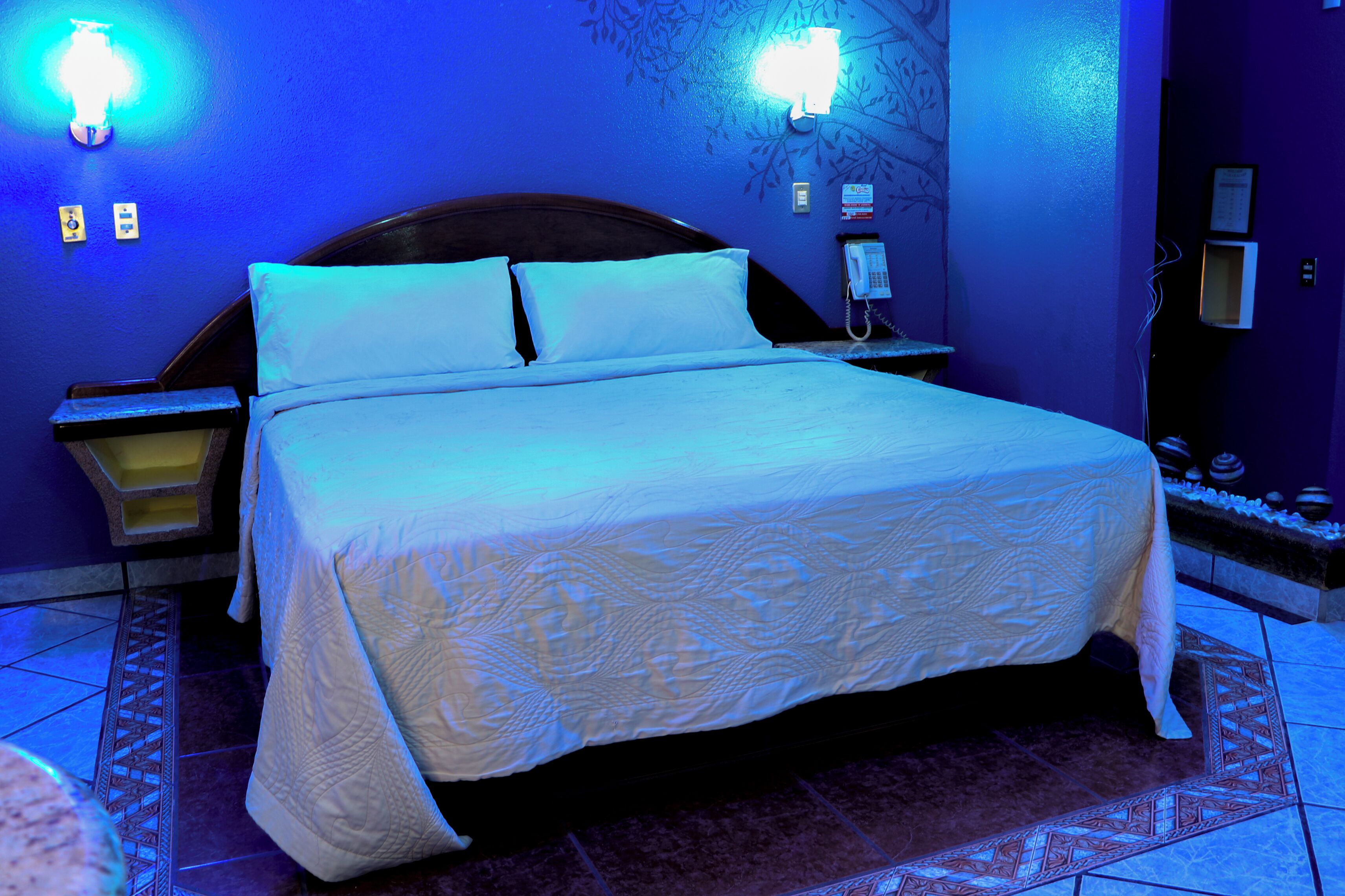Una habitación de hotel con una cama grande, una mesita de noche, un teléfono en la pared y un adorno mural.