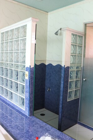 Shower, free toiletries, hair dryer, towels