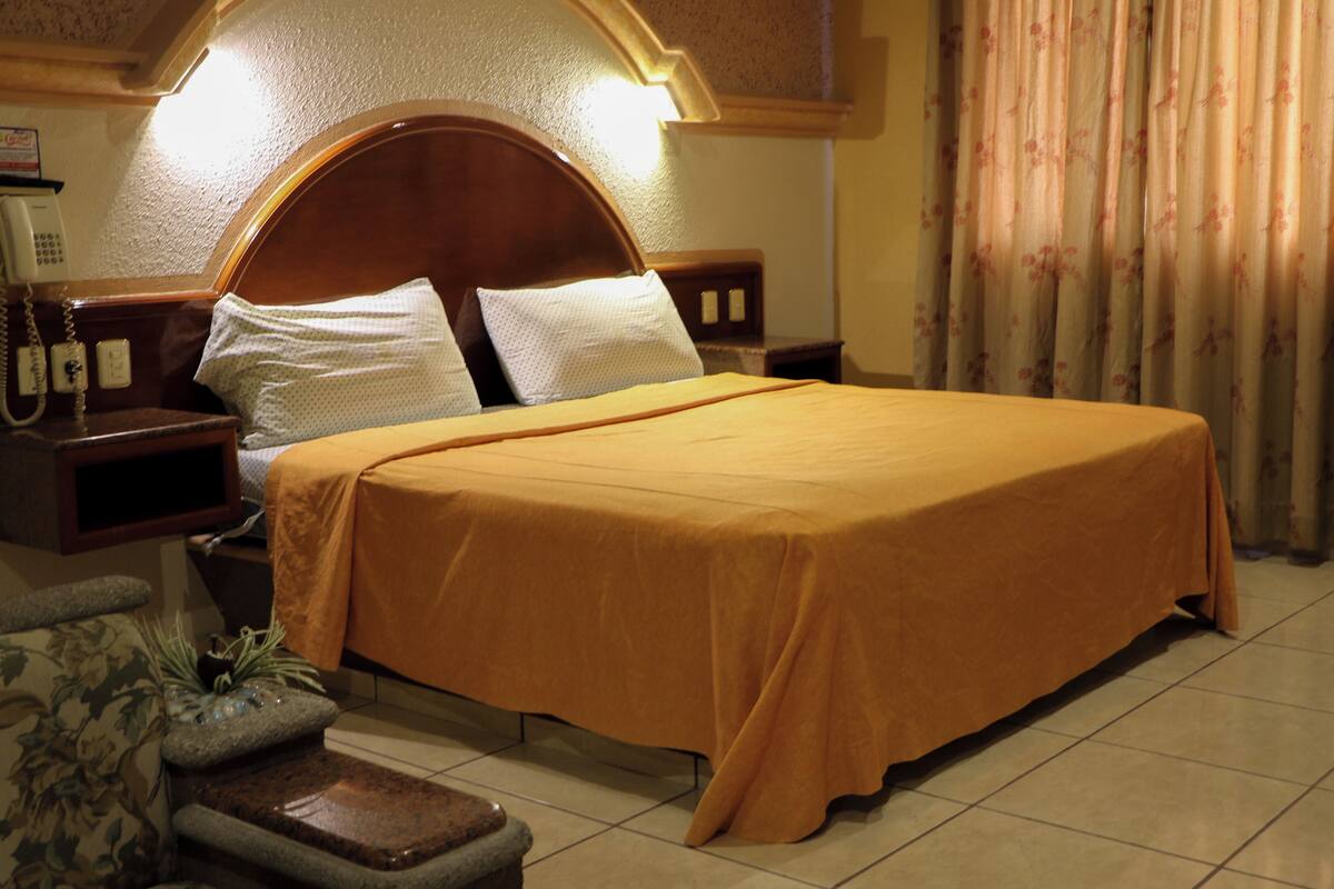 A hotel room with a bed, nightstands, a telephone, and a potted plant.