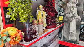 A counter with a decorative plant, a framed artwork, and a statue. - crestwoodmotel (Burlington)