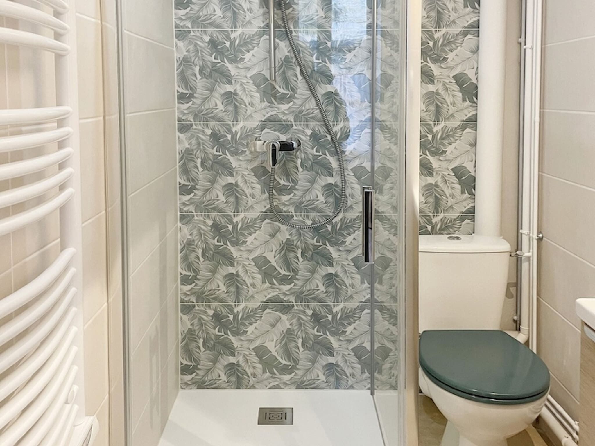 Shower, free toiletries, hair dryer, towels