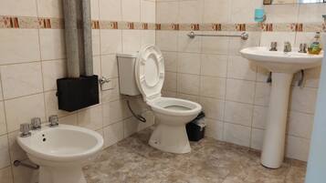 Hair dryer, bidet, towels, soap