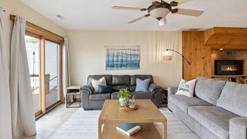 Smart TV, fireplace, books