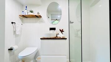 Hair dryer, towels, soap, toilet paper