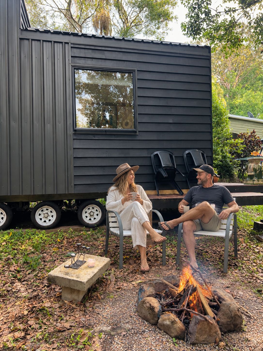 Une petite cabane avec un foyer et deux chaises à l’extérieur.