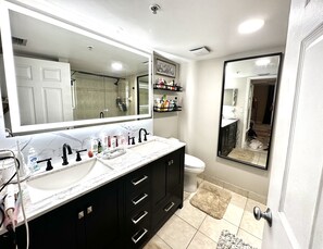 Shower, hair dryer, bidet, towels