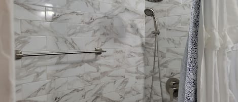 Hair dryer, towels, soap, shampoo
