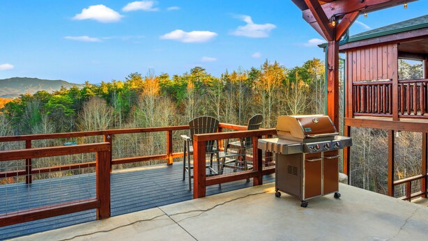 Une terrasse avec un barbecue et des chaises donnant sur une zone boisée.