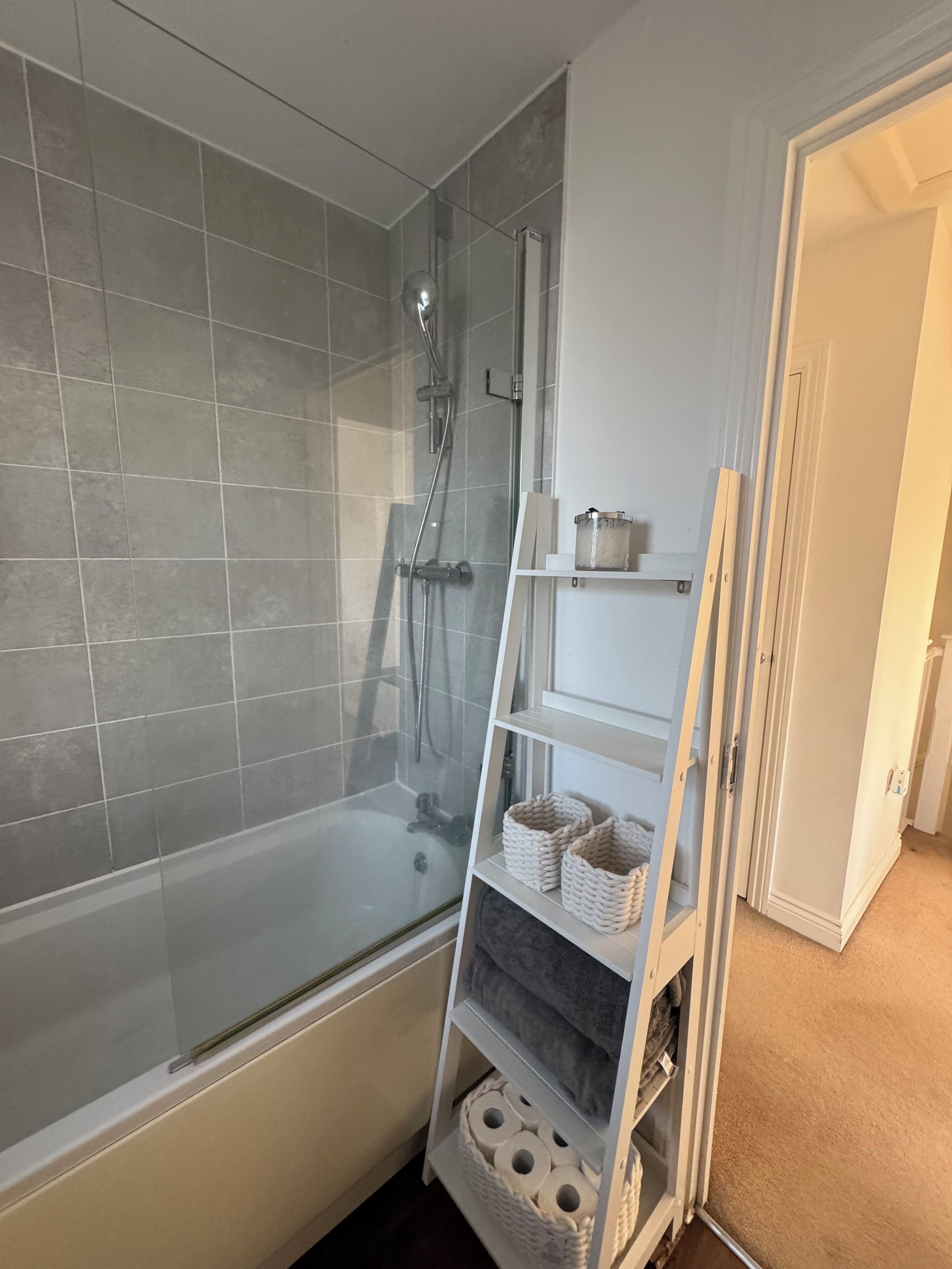 Shower, hair dryer, towels, toilet paper