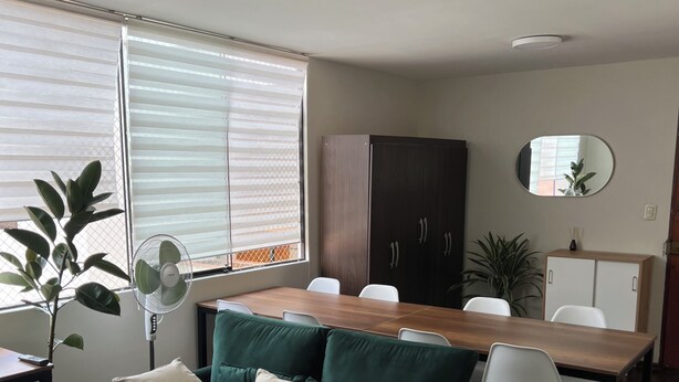 Een moderne woonkamer met een groene bank, een houten eettafel en witte stoelen. Bij het raam staat een potplant en een ventilator.