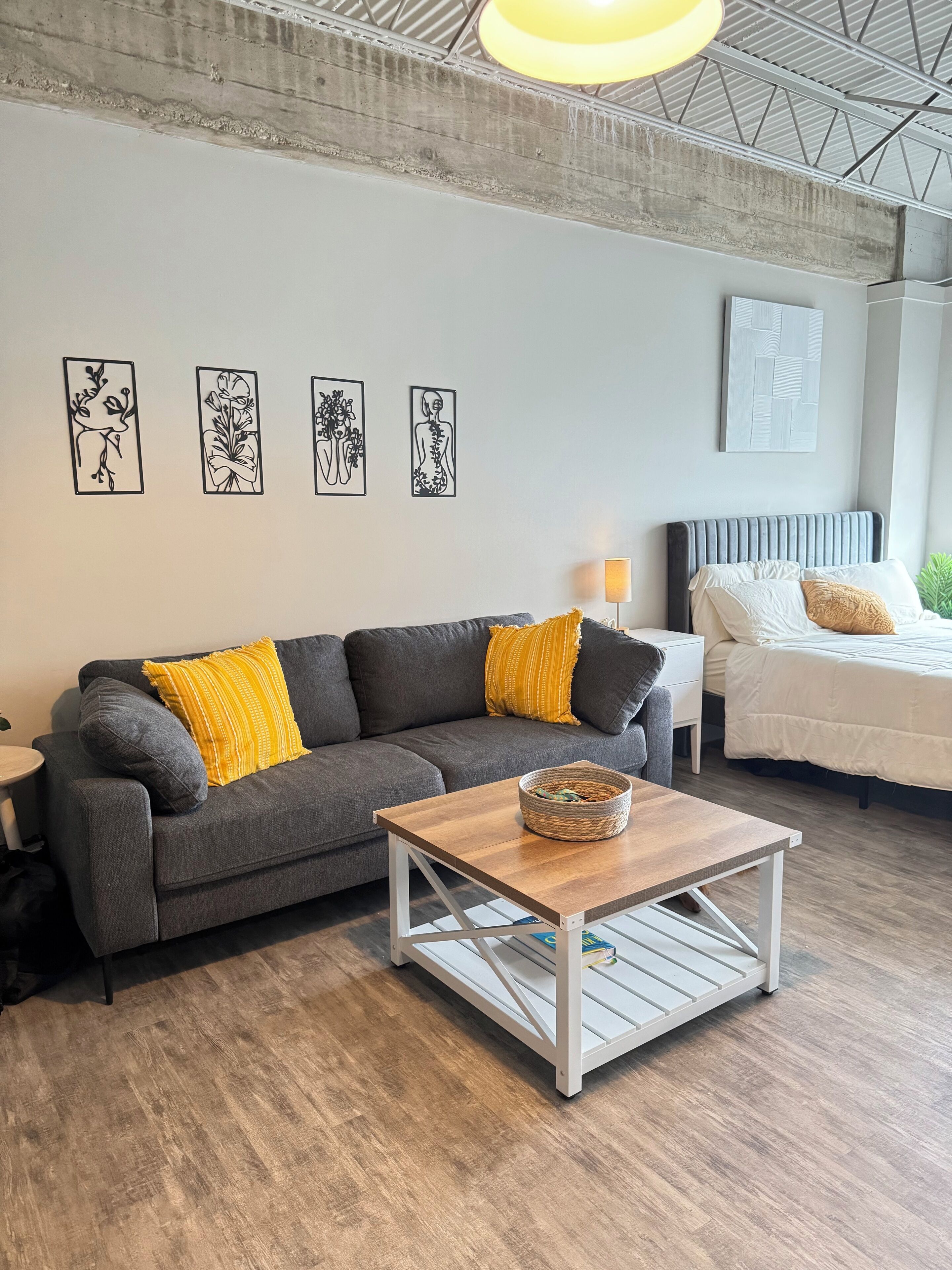 The living area looking to the bed