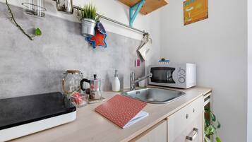 Kühlschrank, Mikrowelle, Herdplatte, Wasserkocher