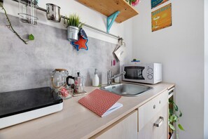 Fridge, microwave, stovetop, electric kettle