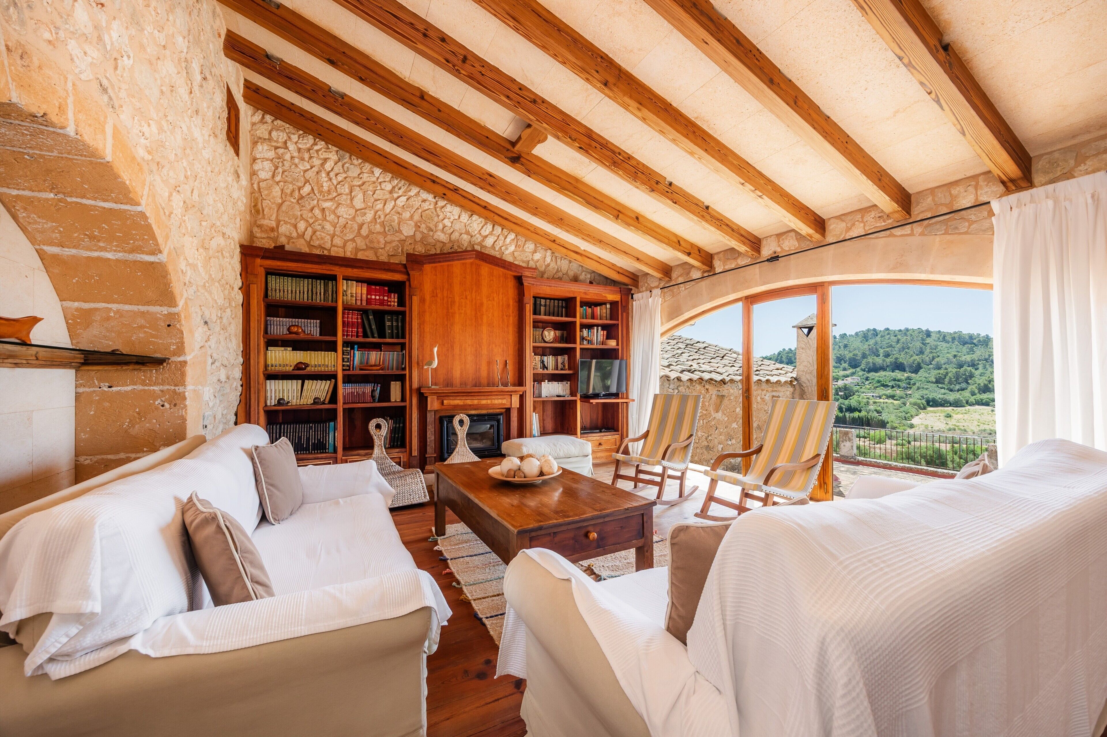 A cozy living room with a fireplace, bookshelves, and a view of the countryside.