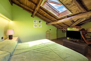 Ein Zimmer mit Dachfenster, einem Bett, einem Fernseher auf einer Holzkommode und einem Bücherregal.