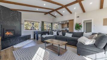 Smart TV, fireplace, foosball