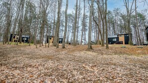 A forested area with several modern cabins. - Tiny Home · Hot Tub · Fire Pit · Romantic Escape (Laurelville)