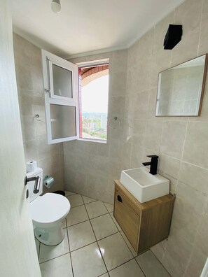 Shower, towels, toilet paper