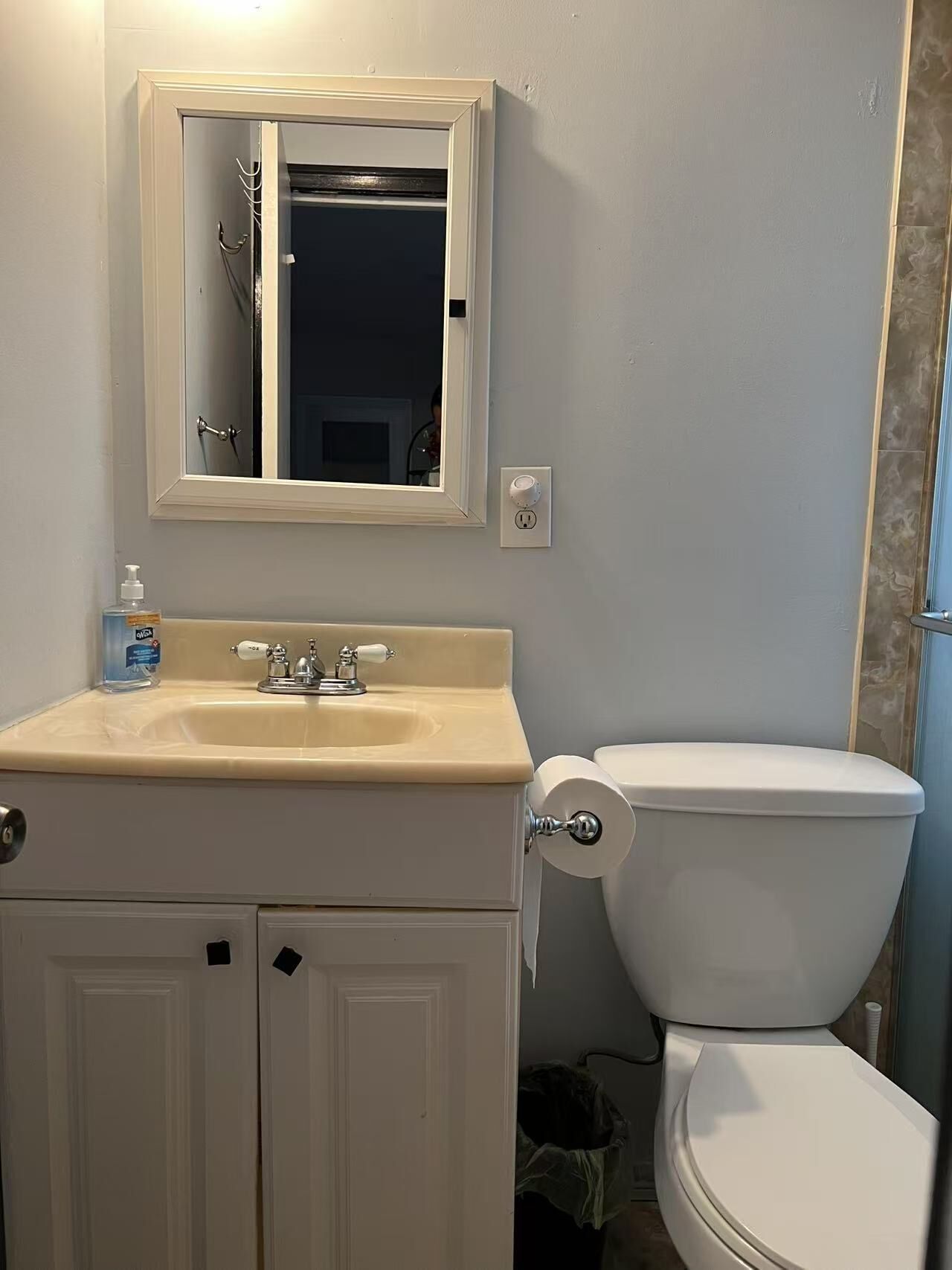 A bathroom with a sink, mirror, toilet, and cabinet.
