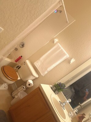 Hair dryer, towels, soap, shampoo