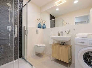 Shower, hair dryer, shampoo