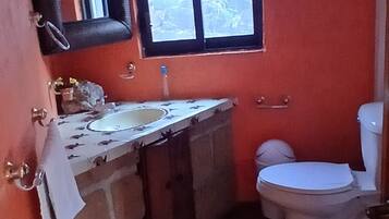 Shower, towels, soap, toilet paper