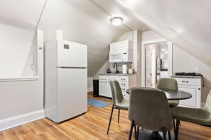 Fridge, microwave, coffee/tea maker, toaster