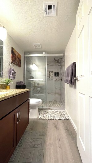 Hair dryer, towels, soap, shampoo