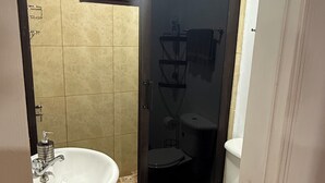 Een badkamer met een witte wastafel, toilet en douche.