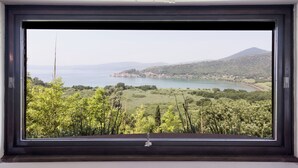 A window with a view of a lake, greenery, and distant hills.