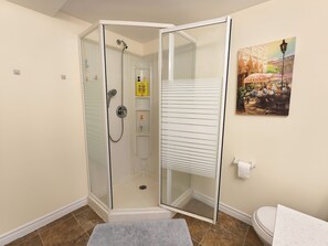 Shower, hair dryer, towels, soap