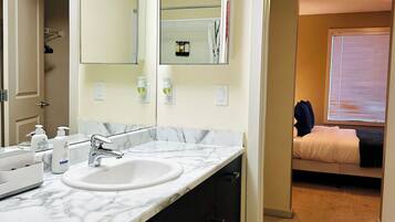 Hair dryer, bidet, towels, soap