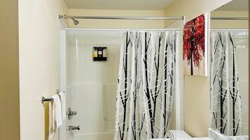 Hair dryer, bidet, towels, soap