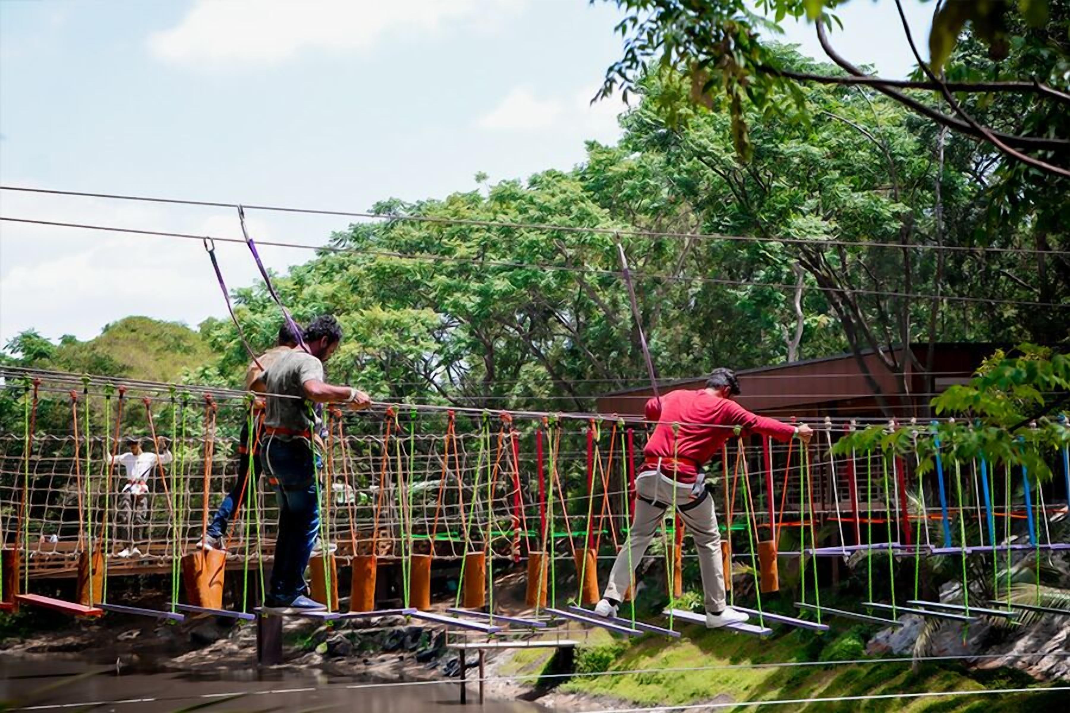 A rope bridge in a natural setting with people crossing it.