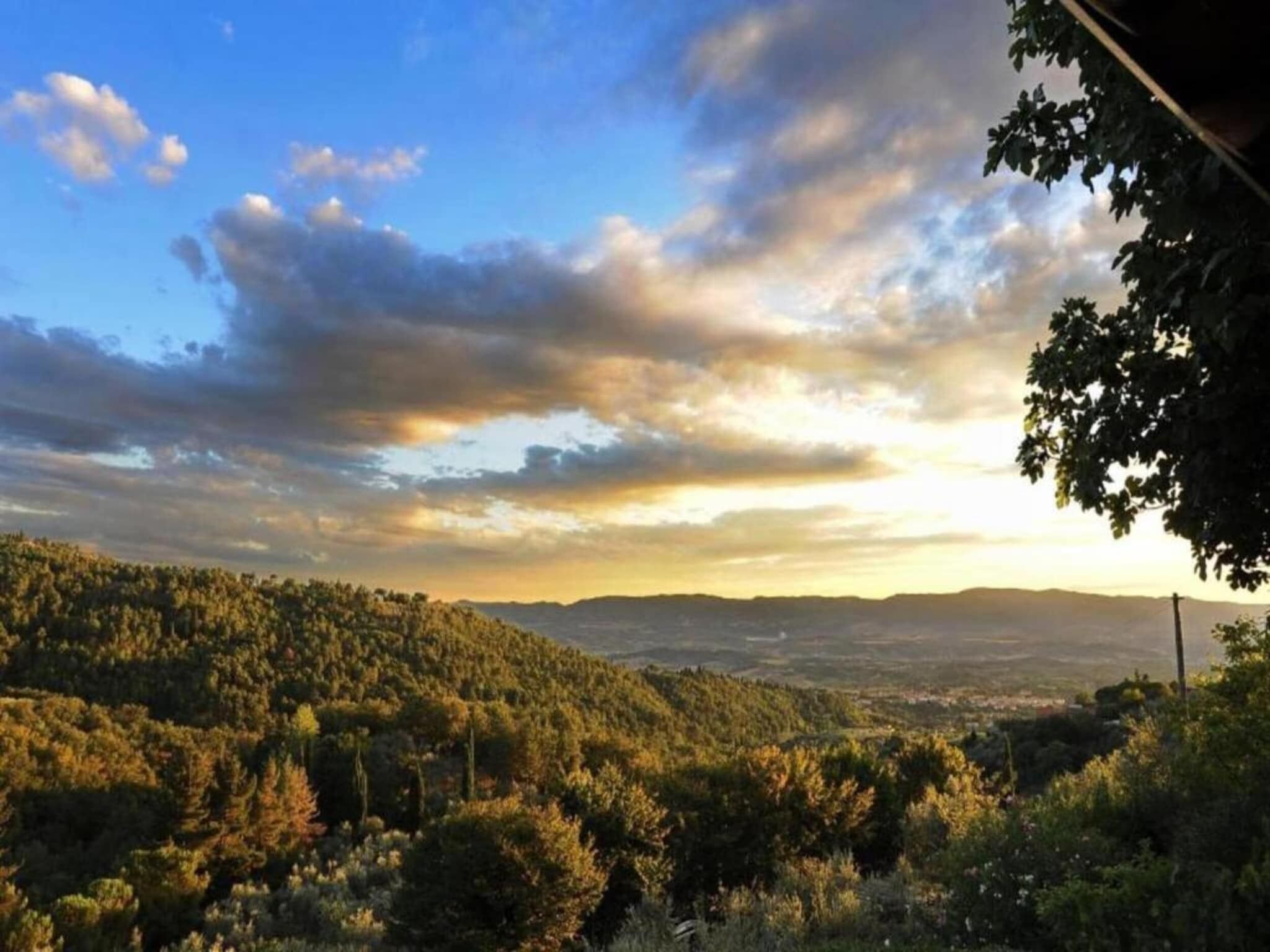 Une vue d’une colline boisée, avec un ciel dégagé et des collines lointaines.
