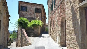 A narrow stone-paved street flanked by historic buildings with arched doorways and green shutters.