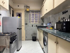 Family Apartment, Balcony, City View | Private kitchen | Full-size fridge, microwave, oven, stovetop